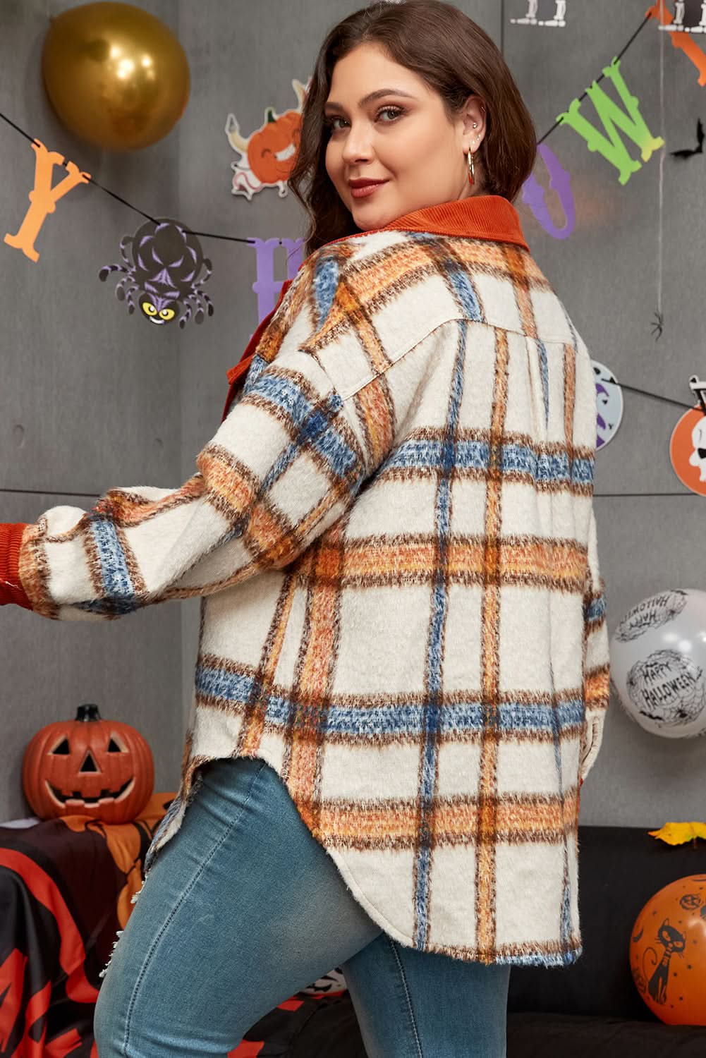 Brown stripe plus size plaid jacket - Love Salve